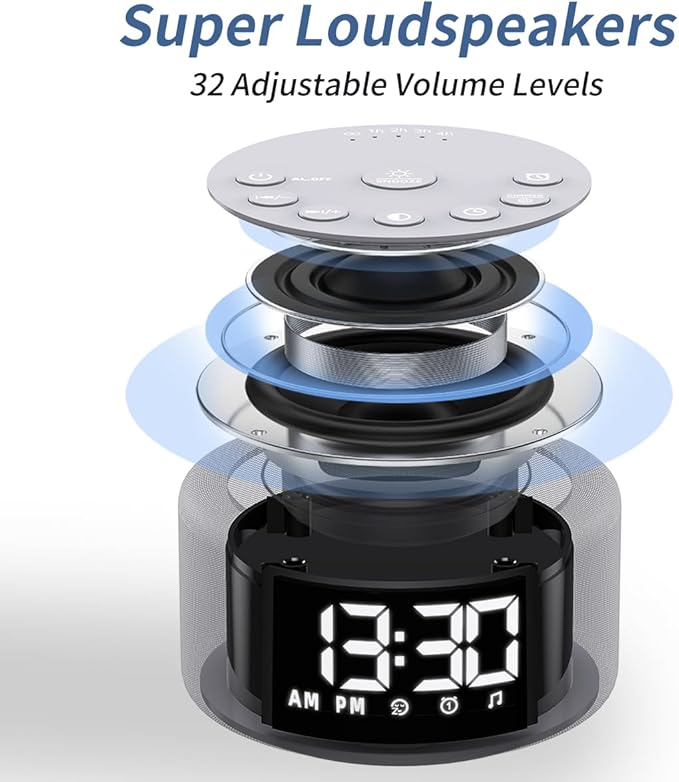【3 in 1】 Sound Machine Alarm Clock Night Light White Noise Machine with 30 Sleeping Sounds for Baby Kids Adults 32 Level Volume Auto Off Timer Memory Function Digital Clock with 30 Wake Up Sounds