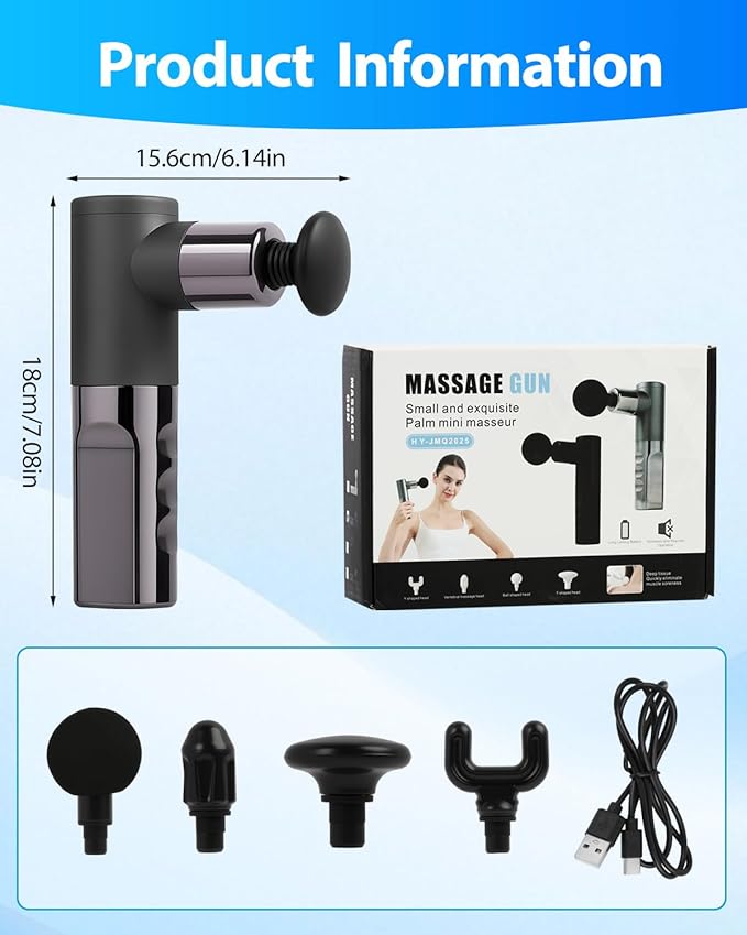 Massage Gun Deep Tissue, Percussion Massager for Back and Neck with 6 Speeds, Cordless Muscle Massager for Pain Relief with 4 Heads, Type-C Charging, Travel Size, Best Gifts (Gray)