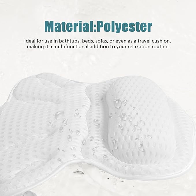 TOYANDONA Luxury Bath Pillow for Tub with Neck and Back Support, Machine Washable 4d Ergonomic Bathtub Cushion with Non-Slip Suction Cups, White, Suitable for Spa and Home Bathing Relaxation