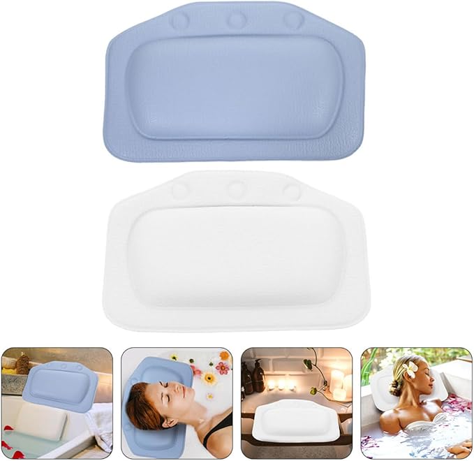 Bath Pillow for Tub 2pcs Foam Bathtub Headrest Pillows with Strong Suction Cups for Neck and Back Support, Soft Blue and White Cushions for Soaking and Spa Relaxation