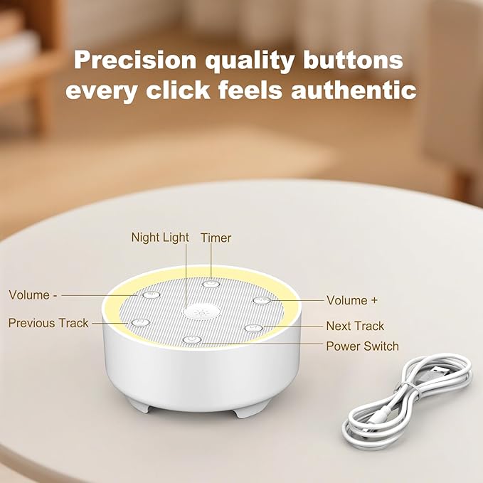 Kipcush White Noise Machine - 21 Soothing Non-Looping Sounds, Dimmable Night Light, & Blind-Touch Buttons | USB-Powered Portable Sleep Therapy for Babies, Adults, Office & Travel - White