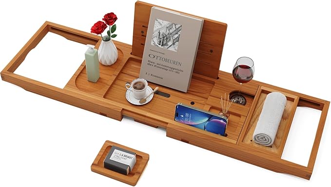 Yirilan Teak Bathtub Tray for Tub, Bath Table Tray for Tub Wood, Bathtub Caddy, Luxury Gift for House Warming, Wedding, Bridal Shower, Anniversary