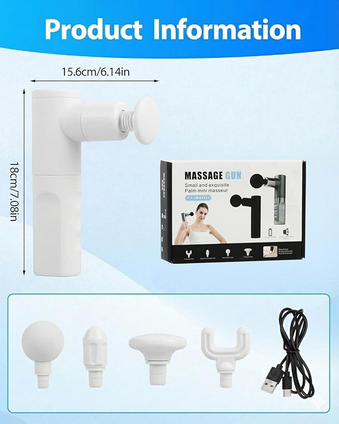 Massage Gun Deep Tissue, Percussion Massager for Back and Neck with 6 Speeds, Cordless Muscle Massager for Pain Relief with 4 Heads, Type-C Charging, Travel Size, Best Gifts (White)