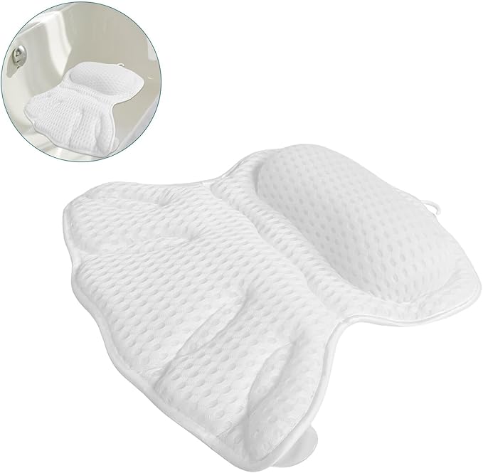 4d Bath Pillow for Tub, Machine Washable Non-Slip White Bathtub Cushion with Neck and Back Support, Breathable Mesh Headrest for Relaxing Spa and Bathroom Use