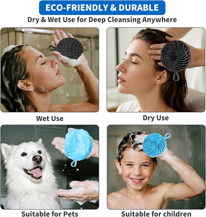 2 Pcs Larger Silicone Body Scrubber&Scalp Massager Hair Growth,Dual Sided Dual-Use,Exfoliating Body Scrubber,Wet&Dry Brush for Hair Massager Scalp,Silicone Shower Scrubber(Black and Blue)