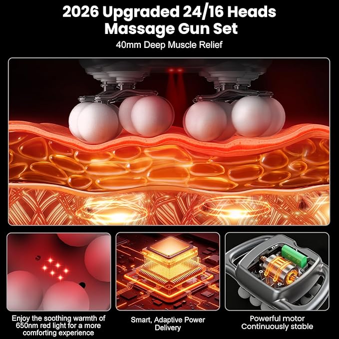 Upgrade 24 & 16 Head Massage Gun Set, Handheld Body Deep Tissue Massager with 9 Modes &30 Levels, Muscle Pain Relief Percussion Massage Gun for Back/Shoulders/Legs/Waists, Gifts for Men Women