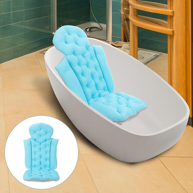 Zerodeko Full Body Bath Pillow with Back Support and Non-Slip Suction Cups, Blue Bathtub Cushion Mat for Adults, Comfortable Neck and Headrest Bath Tub Pillow for Relaxing Bathing