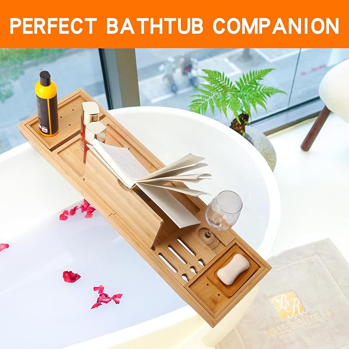 Bathtub Tray Table with Mirror and Bath Pillow, Expandable and Foldable Bamboo Bath Tray for Tub Soft and 4D Mesh Bathtub Pillow Luxury Bath Accessories Spa Gifts