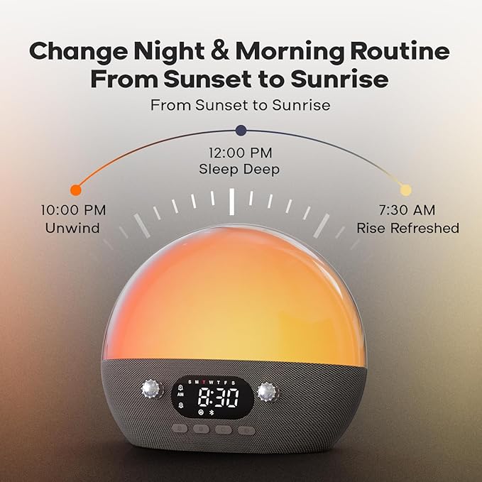 Dekala RestOnn Sunset Sound Machine Sunrise Alarm Clock White Noise Natural Sounds Amber Night Light, 7-day Programmable Dual Alarm Clock, Bluetooth Speaker, 3000mAh Battery Backup, App Control, Black
