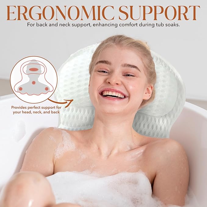 Bath Pillows for Tub - Bath Pillow for Headrest, Neck and Back Support with Suction Cups, Relaxing Bathtub Accessories - White