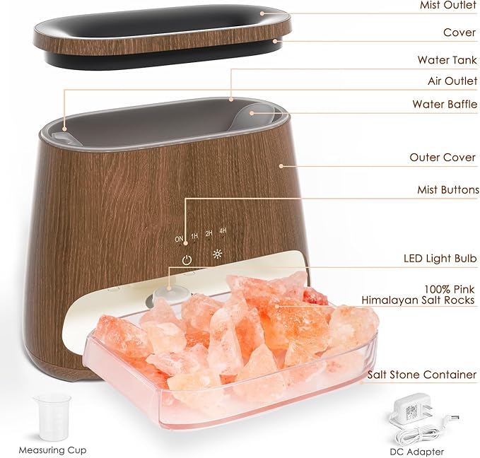 SALKING 2-in-1 Himalayan Salt Lamp Diffuser, Cool Mist Humidifier, Aromatherapy & Himalayan Salt Therapy, 100% Pure Himalayan Salt, Ultrasonic Essential Oil Diffuser with Ambient Glow, 150ml (Dark)