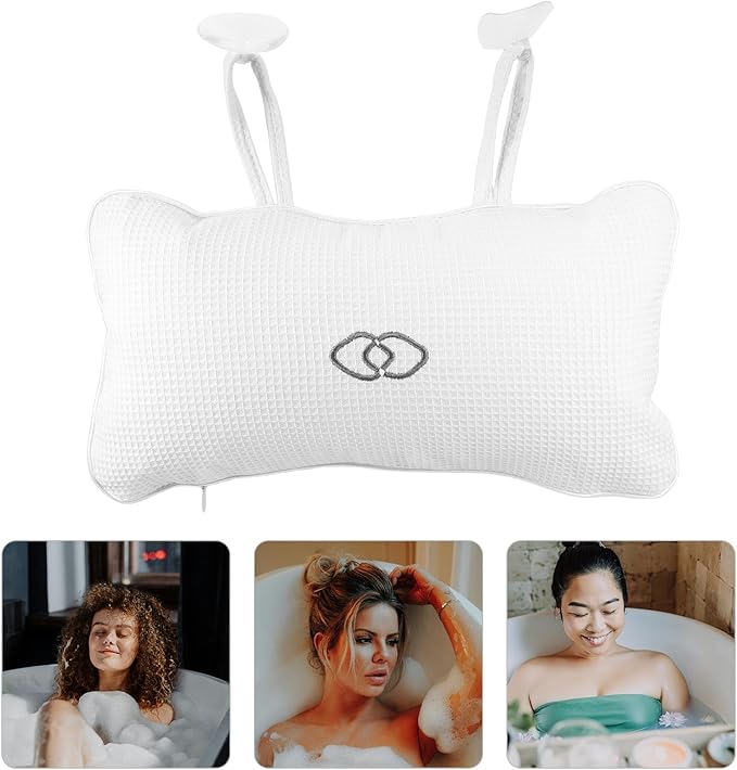 Inflatable Bath Pillow for Tub, Non-Slip Bathtub Cushion with Suction Cups, Waffle Embroidered Spa Head and Neck Support Pillow for Relaxing Bathing
