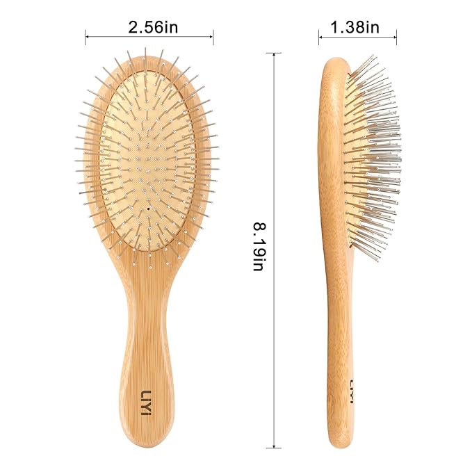 LIYI Bamboo Hair Brush for Hair Growth with Stainless Steel Bristles, Scalp Massager Ergonomic handle Wooden Paddle Brush for Women Men and Kids, for All Hair Types