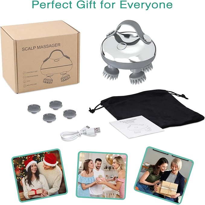 ORIA Electric Scalp Massager, Head Massager for Cats and Dogs, Waterproof Neck Massager, Handheld Hair Massager with 8 Removable Heads, 3 Modes, Type-C Port for Hair Growth, Relaxation