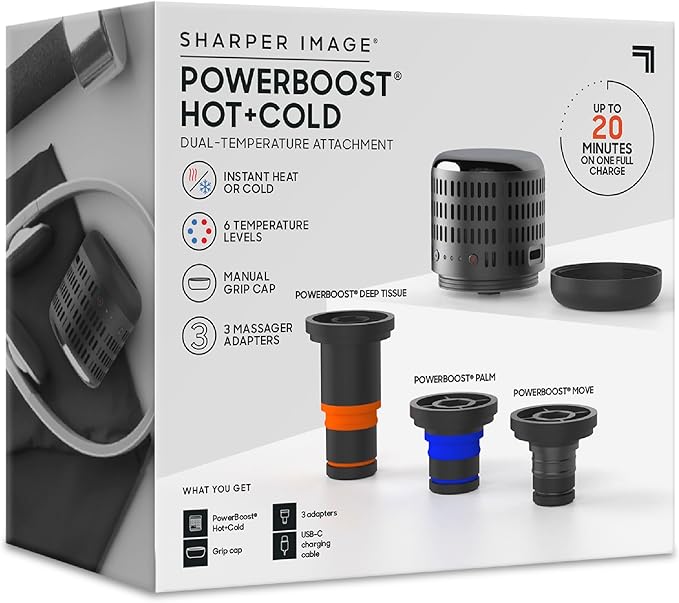 Sharper Image® Powerboost Hot + Cold Dual-Temperature Massage Gun Attachment - Instant Heat & Cold, 6 Temperature Levels, Compatible with Powerboost Massage Guns, Black