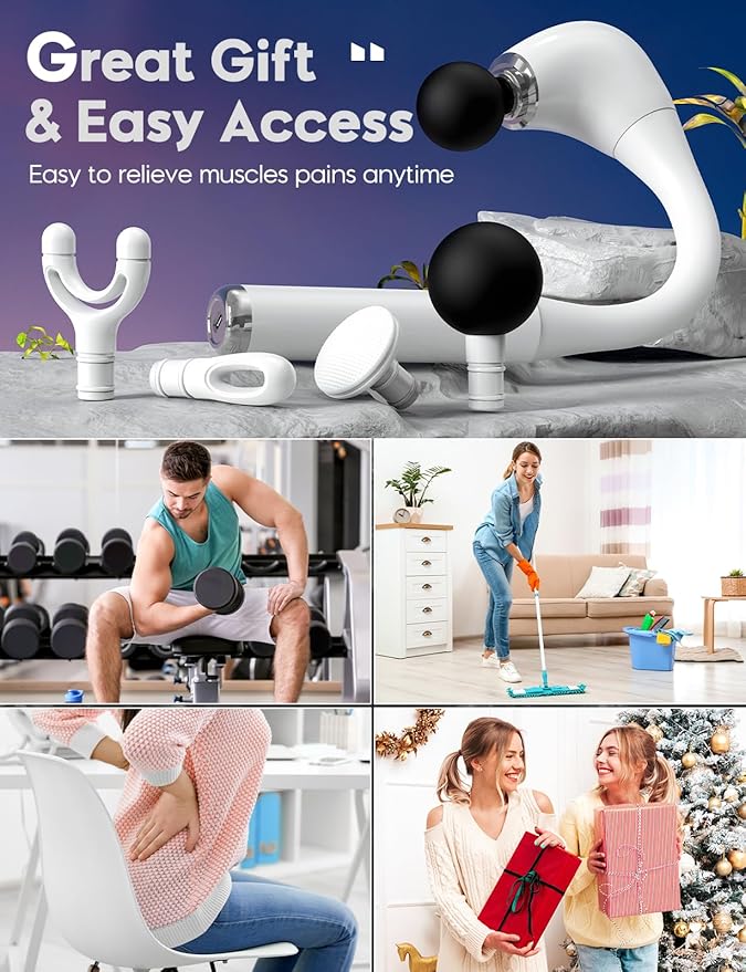 FVZ White Percussion Massage Gun with Upgraded Extension Handle, 10MM Massage Gun Deep Tissue, Muscles/Neck/Shoulders/Waist/Legs Massager Portable for Pain Relief