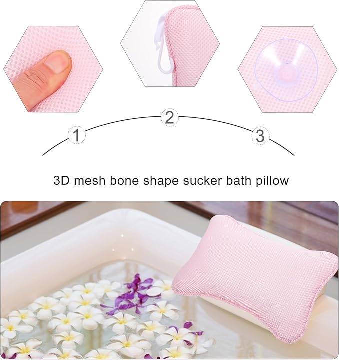Bath Spa Pillow with Suction Cups, 1pcs Pink 3D Mesh Bathtub Headrest for Neck and Back Support, Breathable Bath Pillow for Tub Relaxation and Spa Use