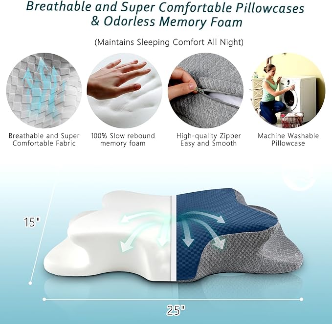 Cervical Neck Pillow for Pain Relief Sleeping, Contour Memory Foam Pillows, Ergonomic Side Sleeper Pillows for Adults, Cooling Pressure-Relieving Neck Support Pillow for Back Stomach Sleepers