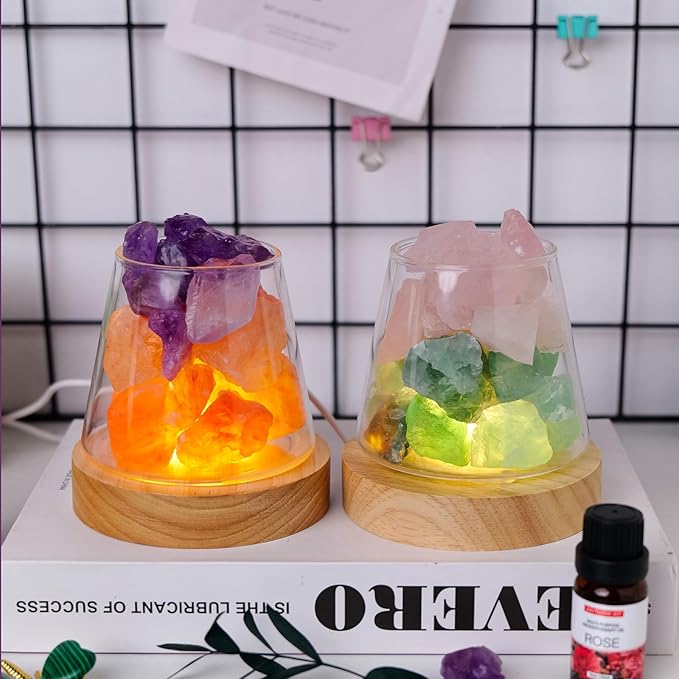Runyangshi Healing Crystal Night Light Natural Green Fluorite Rose Quartz Raw Stone Aroma Diffuser USB Powered 3 Colour Adjustable Bedside Lamp for Bedroom Living Room Yoga Meditation Home Decor Gift