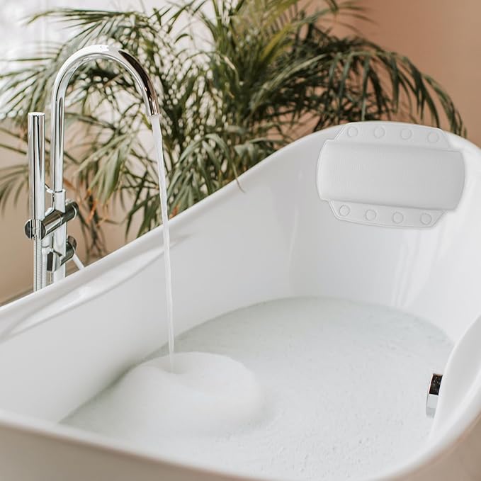 Veemoon Bath Pillow for Tub with Suction Cups, Medium White Foam Bathtub Neck Support Cushion for Relaxing Spa, Hotel and Home Bath Tub Headrest
