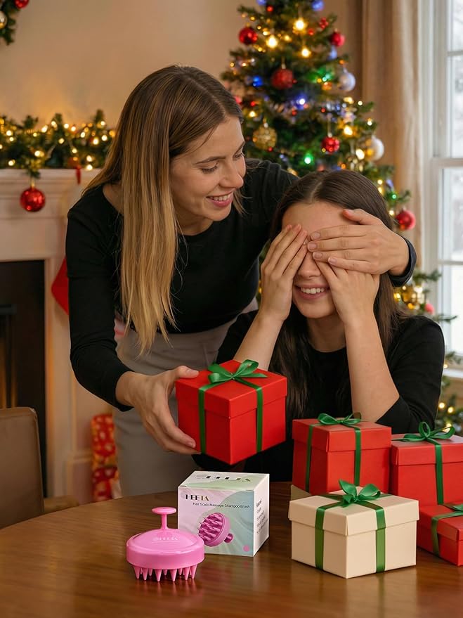 HEETA Scalp Massager Hair Growth, Soft Silicone Scalp Scrubber Shampoo Brush for Exfoliation, Dandruff Removal Head Massage Stress Relax, Wet & Dry Use for Thick Thin Curly Hair Care, Cherry Pink