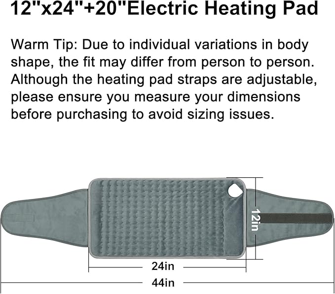 Heating Pad for Back Pain Relief, Electric Heating Pad for Period Cramps Neck Shoulders with Belt, 4 Timer 6 Heat Setting & Auto Shut Off, 12"x24"+20" Large Moist Heat Pad for Mom,Dad