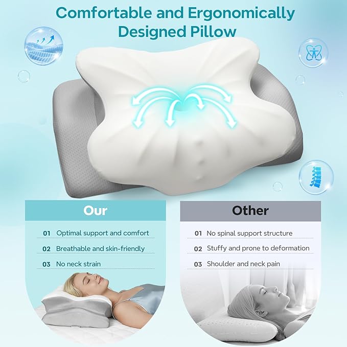 Cervical Pillow for Neck Pain Relief, Ergonomic Pillow for Side Sleeper, Memory Foam Neck Support for Back Sleepers, Dual Height Contour Pillow with Cooling Breathable Cover, White & Grey