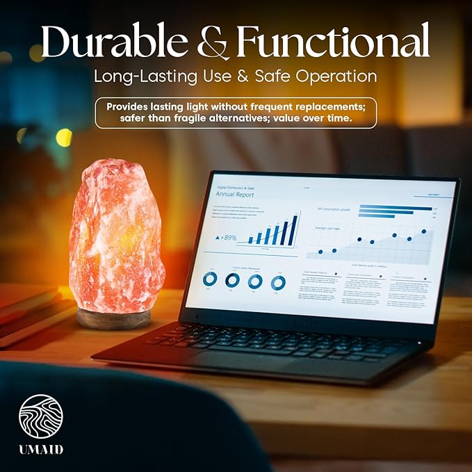 UMAID Himalayan Salt Lamp 8-10 inch (7-11 lb) with Dimmable Switch and Night Light Bulb on Handcrafted Wooden Base, Natural Pink Rock Salt Lamp