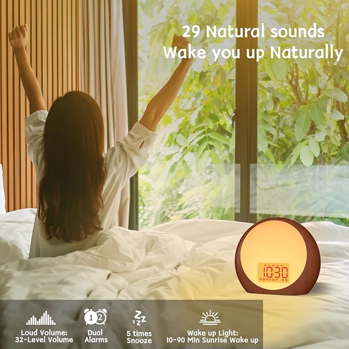 Wake Up Light Sunrise Alarm Clock White Noise Machine with Sunrise Sunset Simulation for Heavy Sleepers Kids Bedroom Dual Alarms Snooze Sound Brown Noise Machine with 25 Sounds for Sleeping