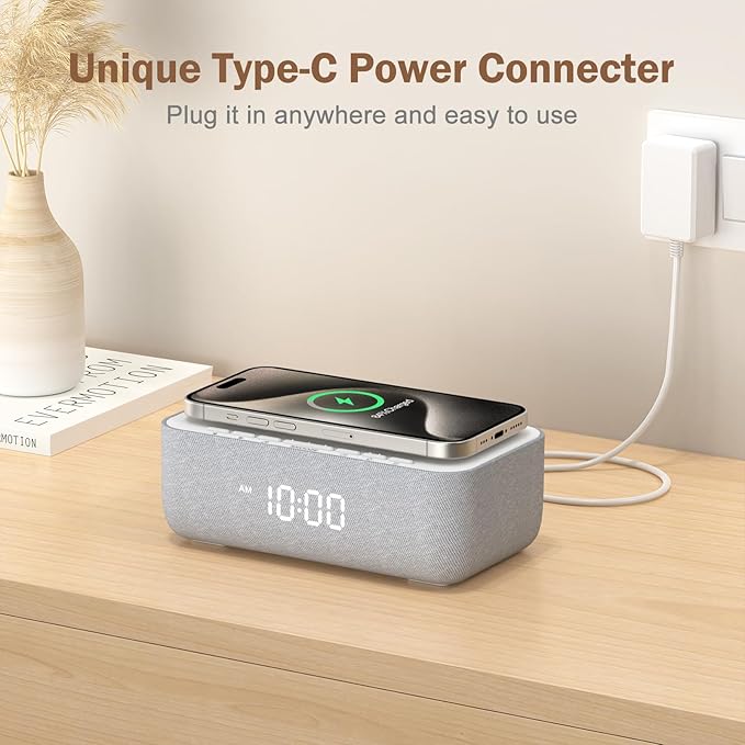REACHER 15W Fast Wireless Charging Alarm Clock with White Noise Machine ā 20 High-Fidelity Sleep Sounds ā Gradual Wake & Unlimited Snooze ā 0ā100% Dimmable Digital Clock for Bedroom & Office