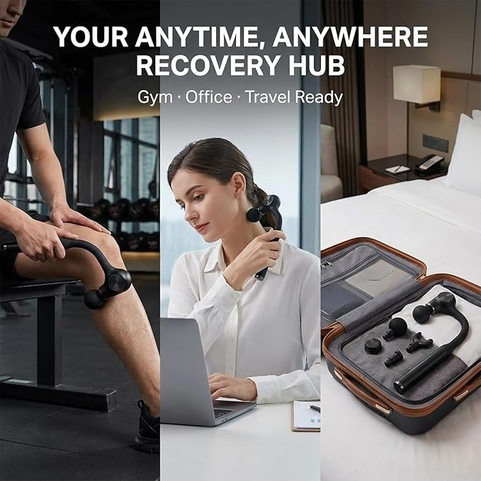 Deep Tissue Percussion Massage Gun with 12mm Penetration and 5-Speed Levels - 4 Heads and Extension Handle for Back Muscle & Neck/Shoulder Pain Relief - Lightweight Portable for Home Gym