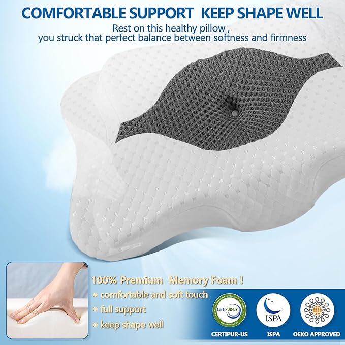Memory Foam Pillows, Cervical Pillow for Neck and Shoulder Pain Relief, Ergonomic Contour Bed Pillow, Soft for Side Sleep Stomach Sleeping and Back Sleeper