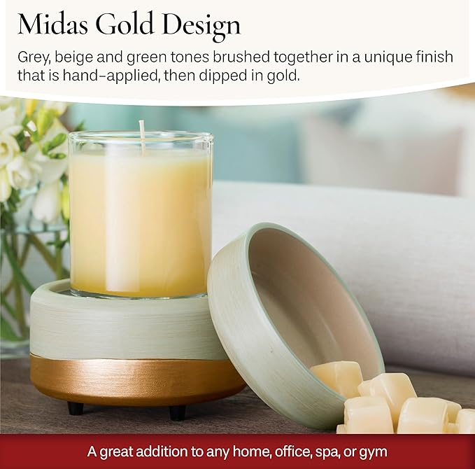 CANDLE WARMERS ETC 2-in-1 Candle and Fragrance Warmer for Warming Scented Candles or Wax Melts and Tarts with to Freshen Room, Midas