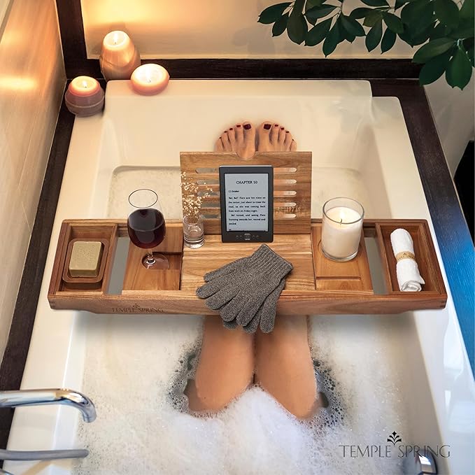 Temple Spring Acacia Wood Bathtub Tray Caddy for Tub — Expandable Bath Tray with Solid Book Stand Wine Holder and Non-Slip Pads — Includes Soap Dish and Spa Accessories — Luxury Hardwood Bath Gift Set