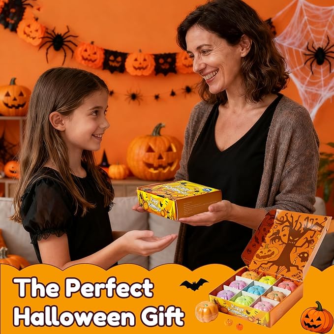 Halloween Bath Bombs for Kids Gifts: 9 Pcs Pumpkin Bath Bomb with Toys Inside Surprise Spider Light up Bath Toy Spooky Basket Stuffers for Kid Boys Girls Ages 3+ Bubble Fall Shower Steamers Bathroom