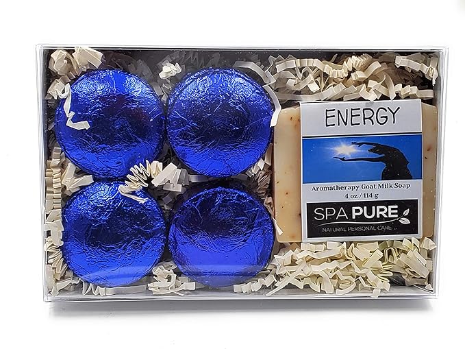 Spa Pure Aromatherapy Gift Set: Energy Artisan Soap, 4 Shower Steamers, made in USA with plant based ingredients, includes Cotton Steamer Bag & Soap Bag