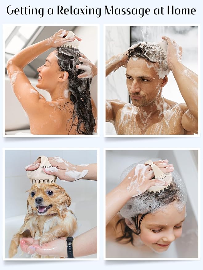 HEETA Scalp Massager Hair Growth Brush with Soft Silicone Bristles, Wheat Straw Handle, 2 Count (Beige & Purple, Round, All Hair Types)