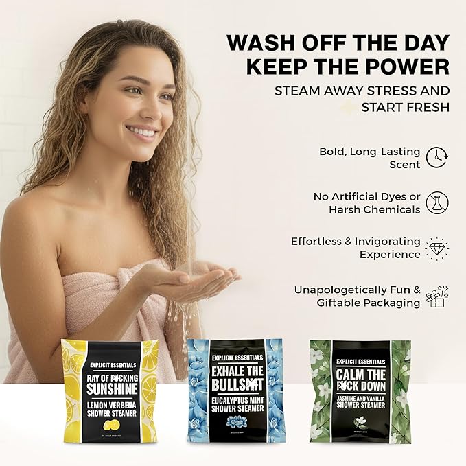 Explicit Essentials Shower Steamers Gift Set | 3 Aromatherapy Shower Pucks (Jasmine Vanilla, Lemon Verbena & Eucalyptus Mint) | Stress Relief & Relaxation Spa Gift for Self-Care, Birthdays & Holidays