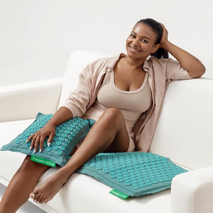 Acupressure Large Mat and Pillow Set, Premium Acupressure Therapy for Pain Relief and Relaxation, Handcrafted in Europe with Sustainable and Natural Materials (Azur)