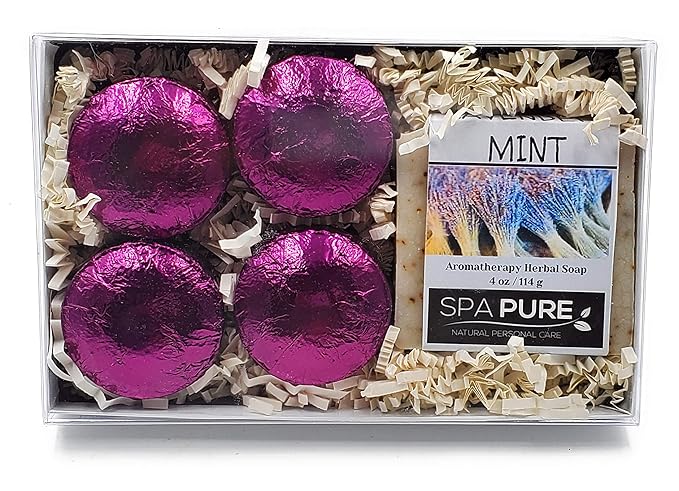 Spa Pure Aromatherapy Gift Set - Lavender Mint Artisan Soap & 4 Shower Steamers - Made with Plant Based Ingredients - Cotton Shower Bag & Soap Bag