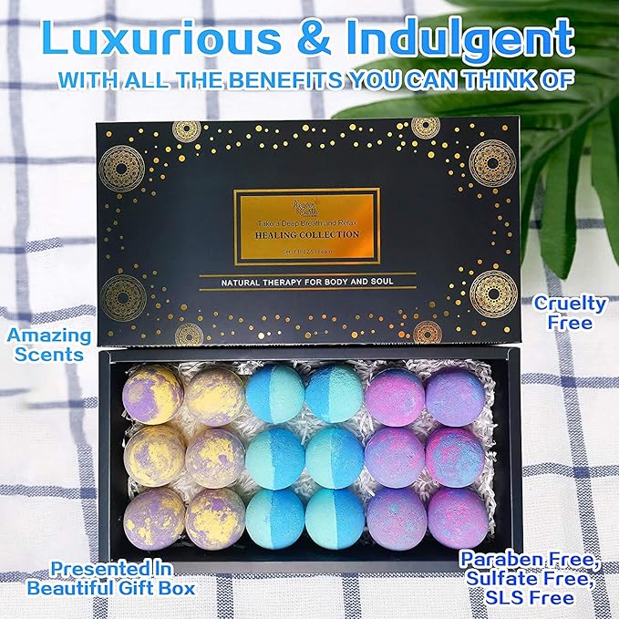 Aromatherapy Bath Bombs Set for Women & Men! Healing Essential Oil Bath Bombs Gift Box with 18 Large Natural Moisturizing Bath Bombs. Bulk Wrapped Bath Bombs Gift Set for Dry Skin