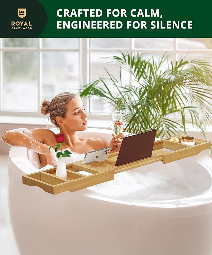 ROYAL CRAFT WOOD Premium Foldable Bathtub Tray Caddy - Wood Bath Tray for Tub, Bamboo Shelf, Expandable Bath Table Trays, Bathtub & Bathroom Accessories for New Home & Mothers, Birthday Gifts for Mom