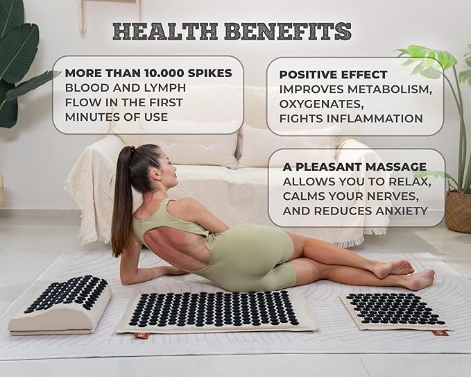 Acupressure Mat Set with 6,210 Pressure Points for Pain Relief and Relaxation Kit for Back, Neck, and Sleep β Yoga and Meditation Pillow (Soft Cream)