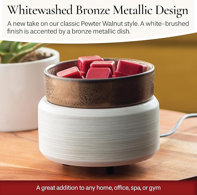Candle Warmers ETC 2-in-1 Candle and Fragrance Warmer for Warming Scented Candles or Wax Melts and Tarts with to Freshen Room, Whitewashed Bronze