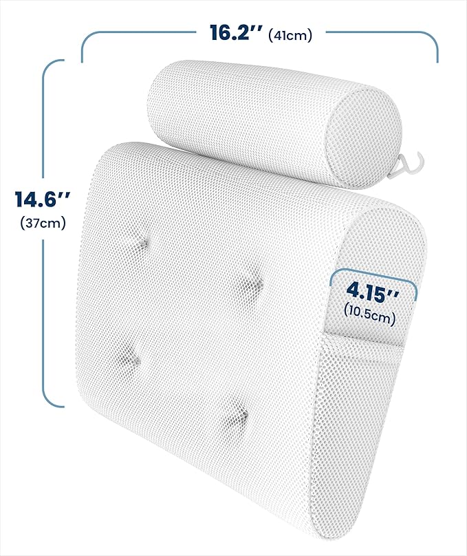 Everlasting Comfort Luxury Bath Pillows for Tub with Head and Neck Support - Non-Slip Bathtub Pillow with Suction Cups, Quick-Drying Mesh & Drying Hook - Jacuzzi & Spa Accessories for Women - White