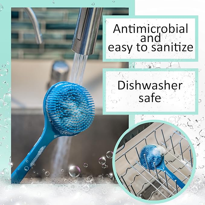 Bendable Long Handled Silicone Body Brush & Hair Scrubber - Bath Shower Back Brush, Shampoo Hair & Scalp Massager, Back Scrubber for Shower (Blue Sapphire)