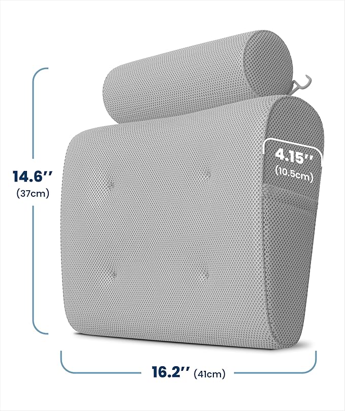 Everlasting Comfort Luxury Bath Pillow for Tub with Head & Neck Support – Non-Slip Bathtub Pillow with Suction Cups, Quick-Dry Mesh & Hook, Spa Accessory – Gray (Pack of 2)