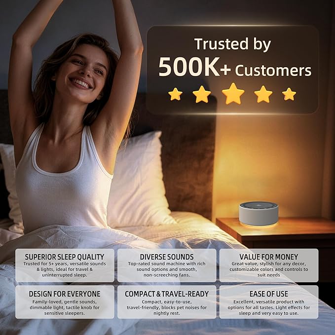 Kipcush White Noise Machine with Night Light – Nursery Sound Machine with Soft Non-Glare Lamp, 30 Soothing Sounds, 8 Color Lights, Up to 8-Hour Timer for Baby & Adults