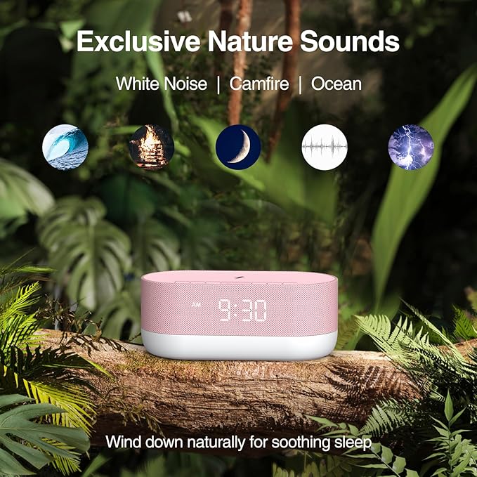 HOUSBAY Sound Machine with Alarm Clock for Bedrooms, Dual Speakers, 21 HiFi Sounds, 10W Wireless Charger, Unlimited Sound, Bluetooth, 10 Night Light, White Noise Machine for Sleeping, Pink
