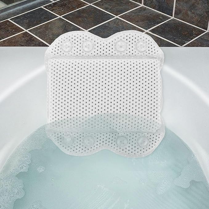 Bath Pillow for Tub with Suction Cups, PVC Foam Soaking Tub Headrest Pillow, Non-Slip Comfortable Bath Head Support for Home Spa, Hotel, and Bathroom Use, White